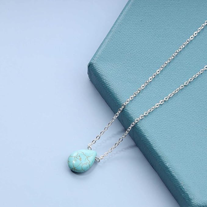 Boho Long Turquoise Necklace Silver Teardrop Turquoise Necklace