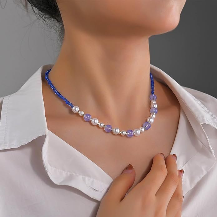 Boho Pearl Choker Necklace Vintage Blue