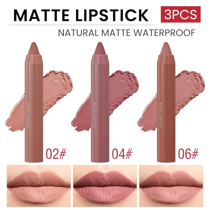 3 Colors Matt Nude Lipstick Lipliner Lip Crayons Pack Set,Velvet Moisture Smooth Matte Lipstick Pencils,Waterproof&Waterlasting,#02#04#06