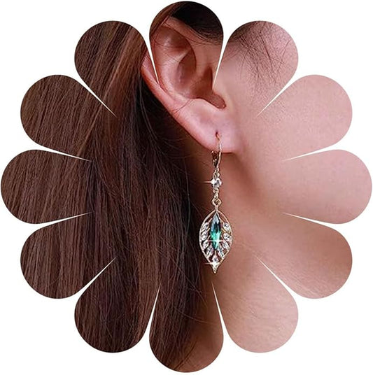 Vintage Crystal Emerald Leaf Dangle Earrings Green Rhinestone