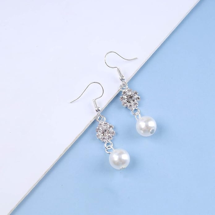 Vintage Rhinestone Pearl Drop Earrings Crystal Flower Dangle