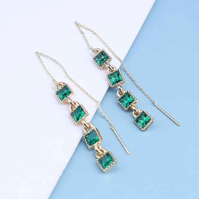 Vintage Crystal Emerald Threader Earrings Emerald Square Stud