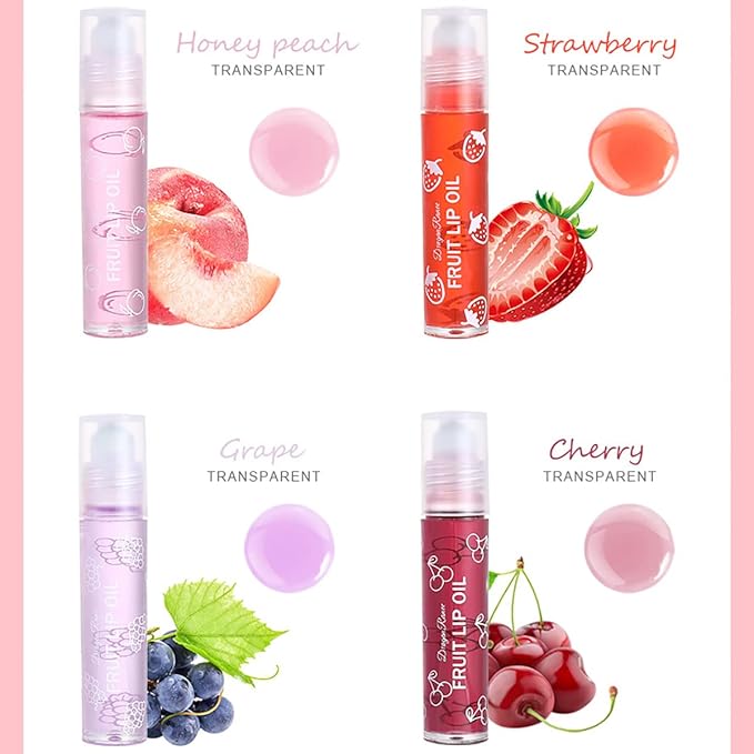 4 Pcs Fruit Roll-on Lip Gloss Set, Clear Lip Gloss Crystal Jelly Liquid Lipstick, Plumping Lip Oil Moisturizing Hydrating Non-Sticky, Nice Gift for Women Girl