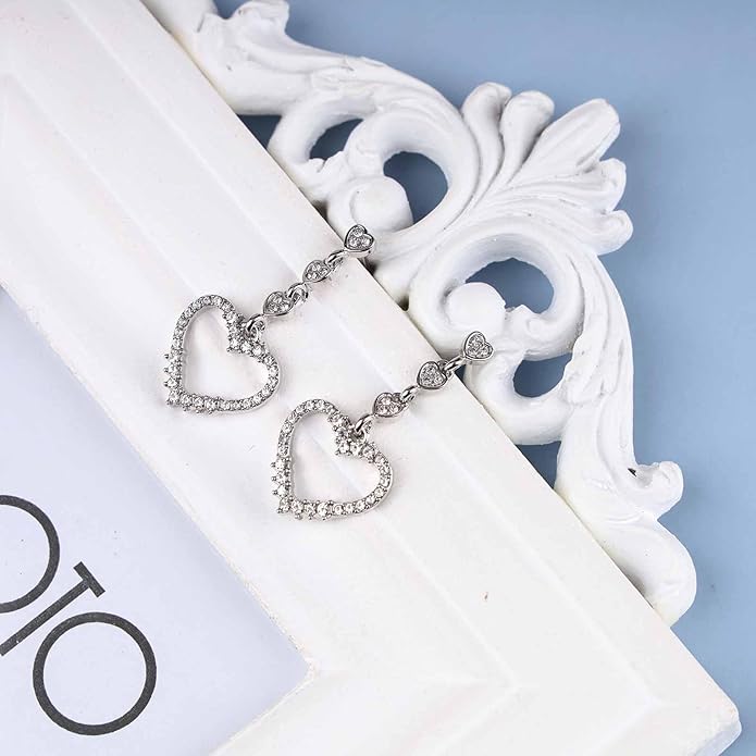 Vintage Rhinestone Heart Dangle Earrings Long