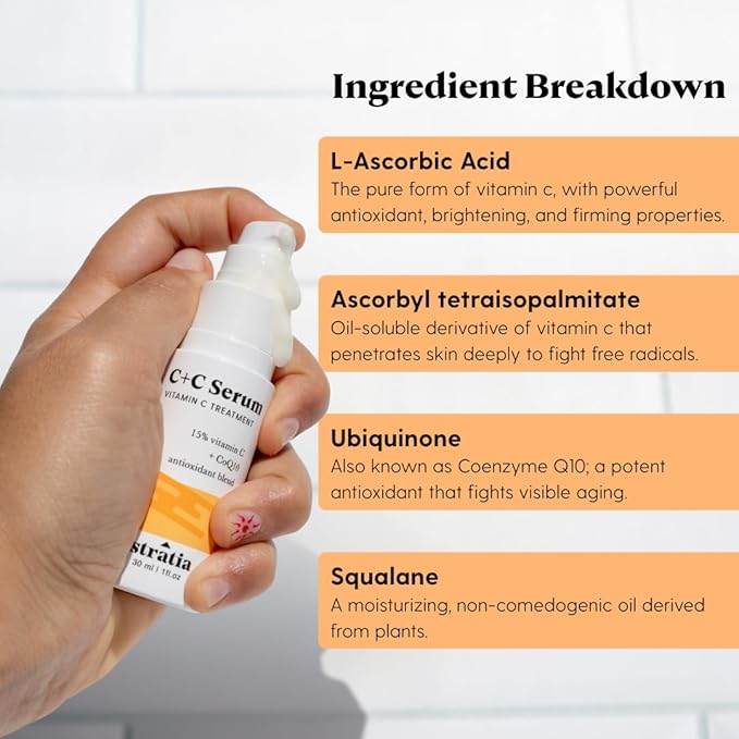 Stratia C+C Vitamin C Serum – 15% Potent Formula with 10% L-Ascorbic Acid for Bright, Even-Toned Skin - Non-Irritating, Water-Free Antioxidant Face Cream, 1 Fl Oz