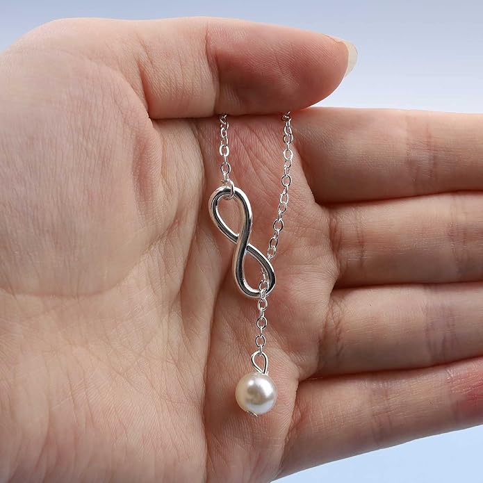 Boho Pearl Infinity Necklace Silver Y