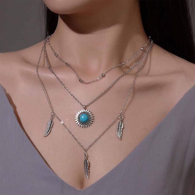 Boho Layered Feather Choker Necklace Turquoise Pendant Necklace