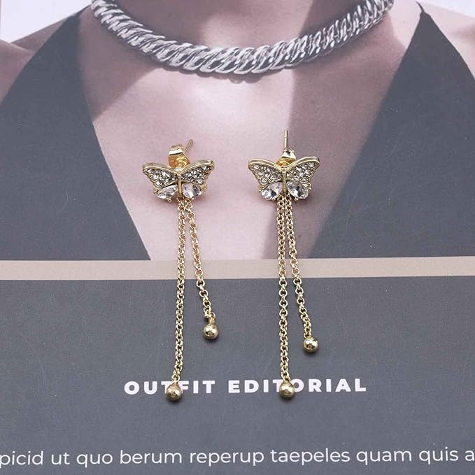 Vintage Crystal Butterfly Stud Earrings Gold Long Chain