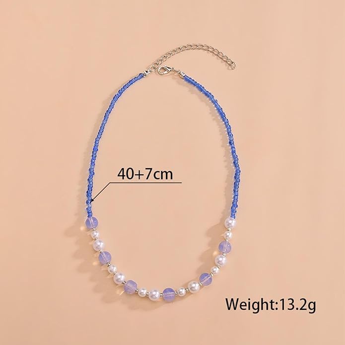 Boho Pearl Choker Necklace Vintage Blue