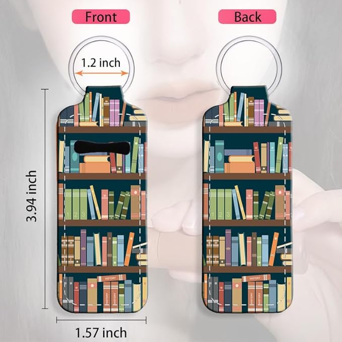 Chapstick Holder Keychain Holder Neoprene Lip Balm Lipstick Lip Gloss Holder Travel Accessory for Girls Women Gift(Book Library)