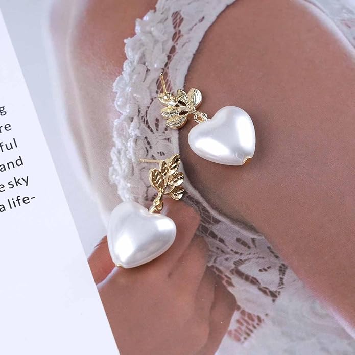 Vintage Pearl Heart Dangle Earrings Heart