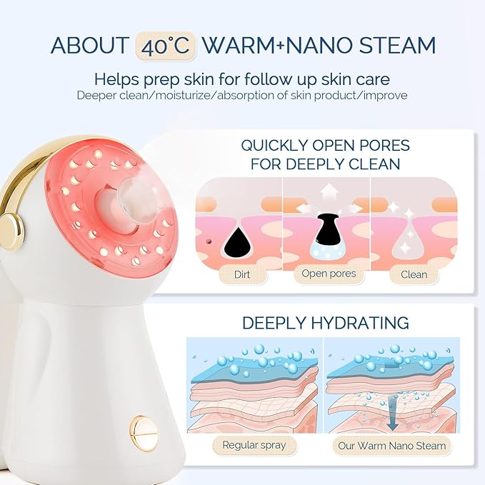 Facial Steamer,with 7 Colors Led Light,Face Steamer for Facial Deep Cleaning,Warm Mist Nano Ionic Steamer for face,Steam Humidifier,Facial Steamers Home Facial spa, Gift for Women(Gold with Light)