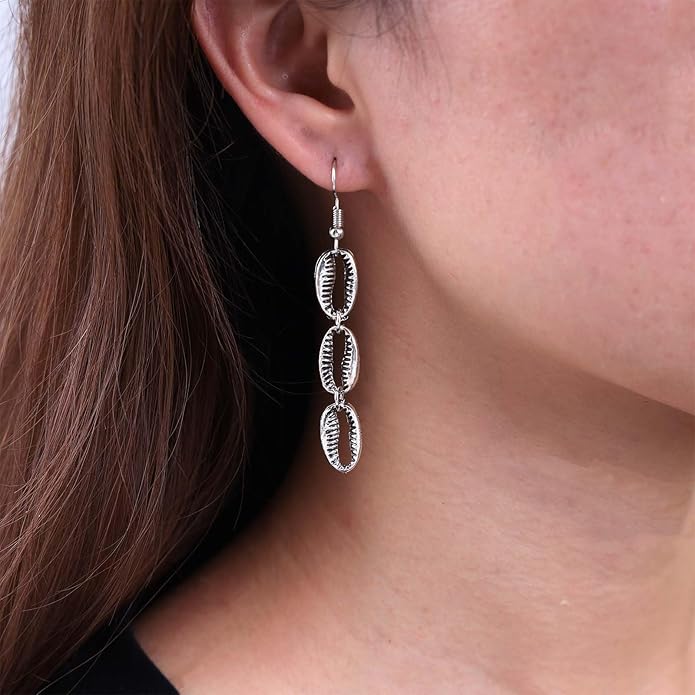 Boho Cowrie Shell Earrings Silver Shell