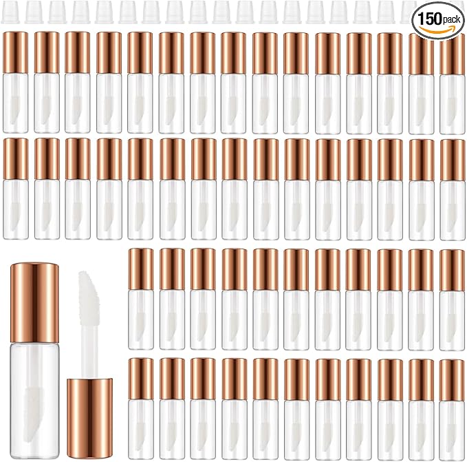 Jinei 150 Pcs Clear Empty Lip Balm Bottles 1.2ml Mini Lip Gloss Tubes, Refillable Lipstick Containers Transparent Plastic Clear Lipstick Tubes for Girl Women DIY Makeup Lip Sample Travel (Rose Gold)