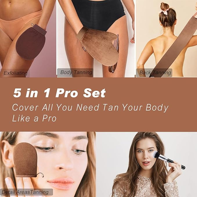5 Pack Self Tanning Mitt Applicator Kit, Tanning Mitts Self Tanner Mitt Applicator Kit Self Tan Mitt With Tanning Glove, Back Applicator, Mini Tan Mit, Exfoliating Mitt, Brush, for Tanning Mousse Foam
