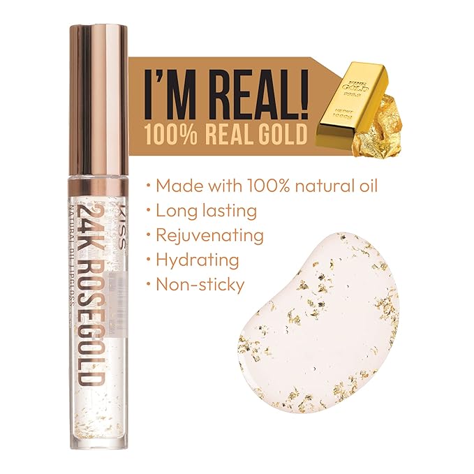 Kiss New York 3 PACK Lip Oil Gloss, Hydrating Non-Sticky Lip Oil, 100% Natural Oil Clear Lip Gloss, Lightweight Lip Moisturizer (Rosegold & Rosehip & Mango Butter)
