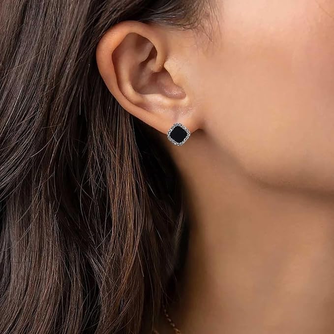 Vintage Black Square Crystal Earrings Black Cz Stud
