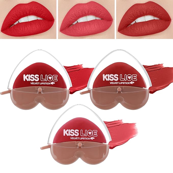 Deep Ruby Rose Red Burgundy Matte Velvet Lipstick for Women-3 Colors Long-Wear Non-Stick Cup Heart Shape Lazy Lipstick Set, Waterproof High Pigmented 24 Hours Lip Stick Makeup for Lazy People -Set 2