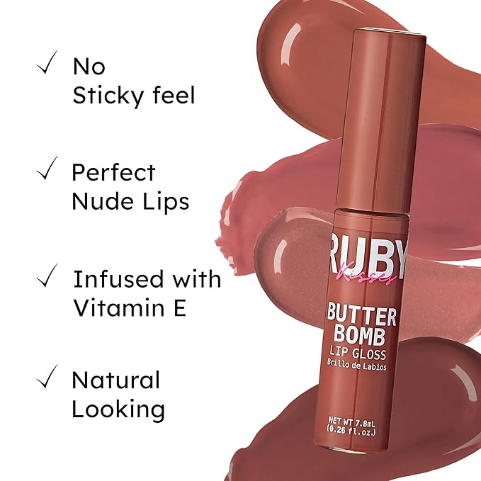 Ruby Kisses Lip Gloss Butter Bomb Gloss Non-Sticky Lip Gloss Vitamin E Natural Nude Lip Makeup - 7.8mL (0.26 US fl.oz) (Warm Hug)