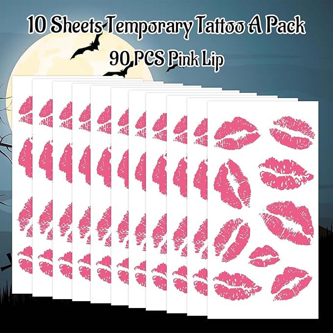 10 Sheets Pink Lip Temporary Tattoo, Lip Print Party Decorations