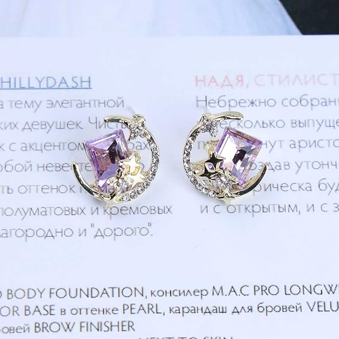 Vintage Purple Crystal Moon Earrings Amethyst