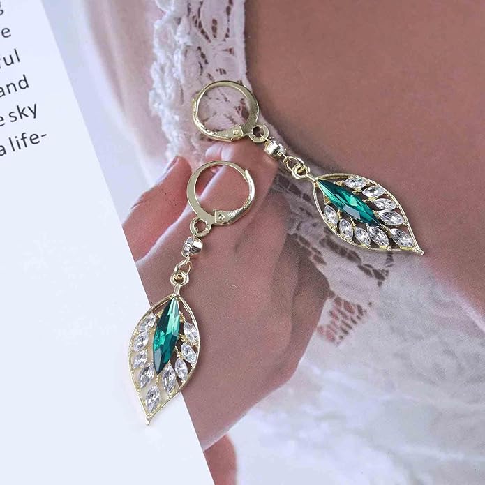 Vintage Crystal Emerald Leaf Dangle Earrings Green Rhinestone