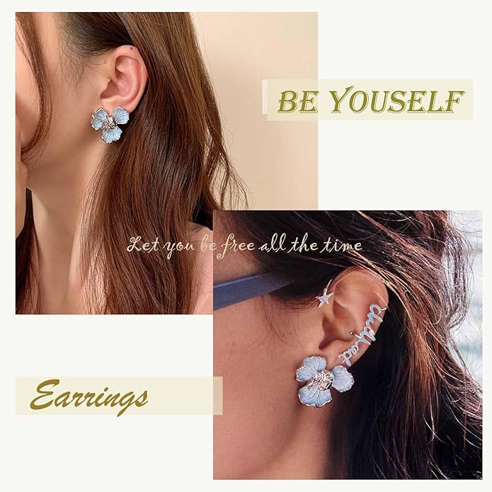 Unique Blue Flower Earrings Studs Vintage