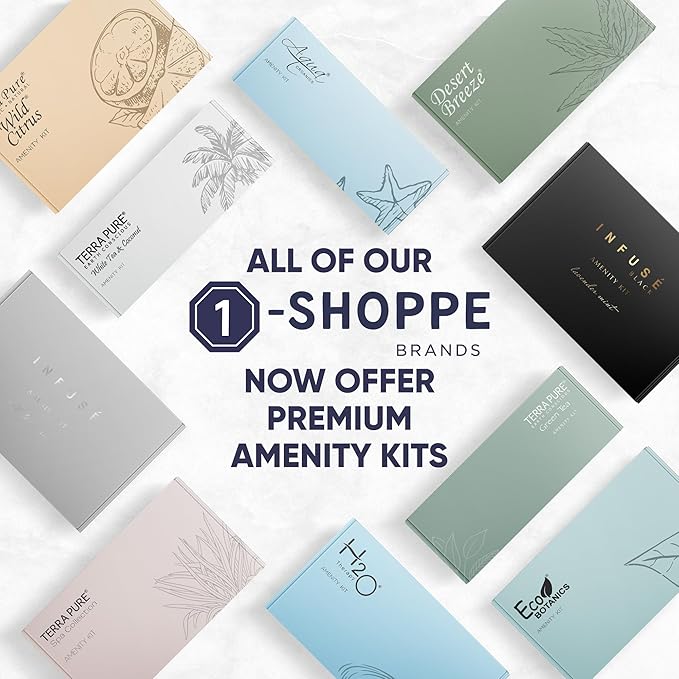 Desert Breeze Amenity & Accessory Kit | 1 oz Travel Size Shampoo, Conditioner, Lotion, Body Wash, Body Bar, Cleansing Bar, Shave & Dental Sets, Make-Up Remover Wipes, & Vanity Kit | 15 sets per case