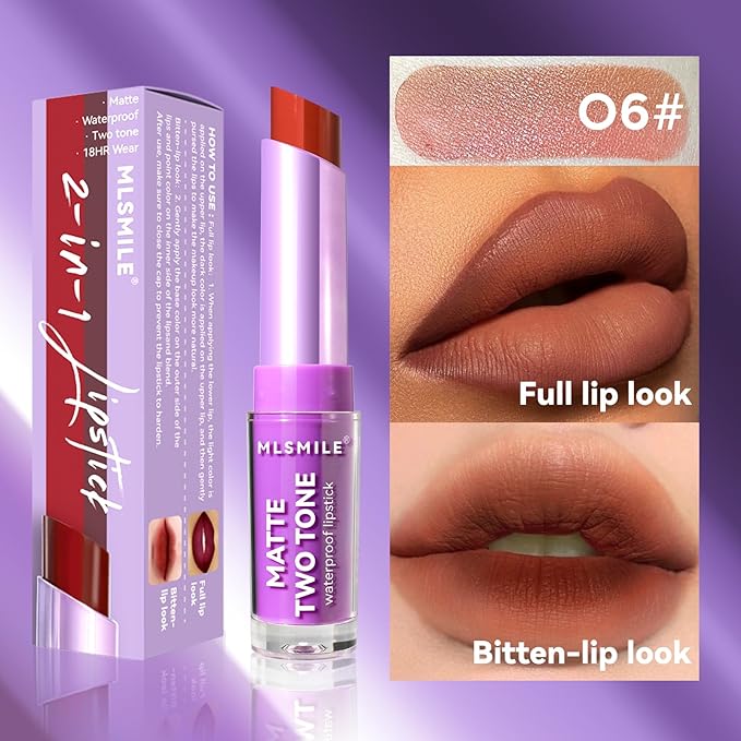 Nude Lipstick, 2 In1 Two Tone Bitten Moisturzing Waterproof Lipstick Gradient Bitting Matte Lipstick V Styling Glimmer Balm, Long Lasting Waterproof Silk Finish Lip Gloss for Women (#06)