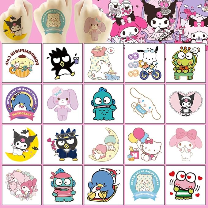 20pcs Cute Sanrio Temporary Tattoos for Girl, Kawaii Christmas Rewards