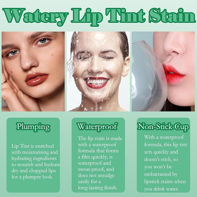 6 Colors Lip Tint Stain Set, Korean Lip Gloss Plumping Lip Tint Moisturizing Watery Mini Liquid Lipstick, Multi-use Lip and Cheek Tint, Long Lasting,Non-Stick Cup Lip Makeup