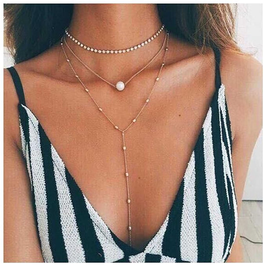 Bohemia Layered Y Lariat Choker Necklace Long Rhinestone