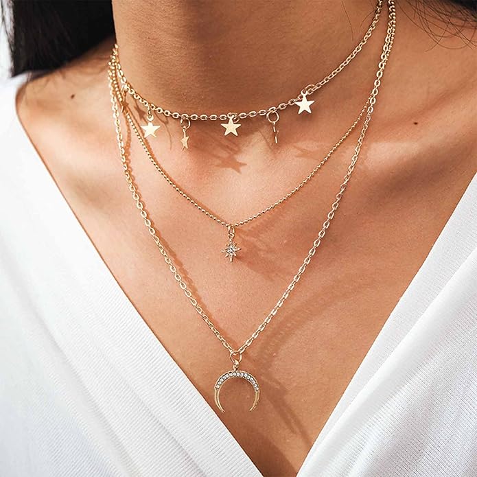 Boho layered moon star choker necklace