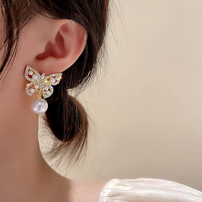 Vintage Crystal Pearl Butterfly Earrings Butterfly
