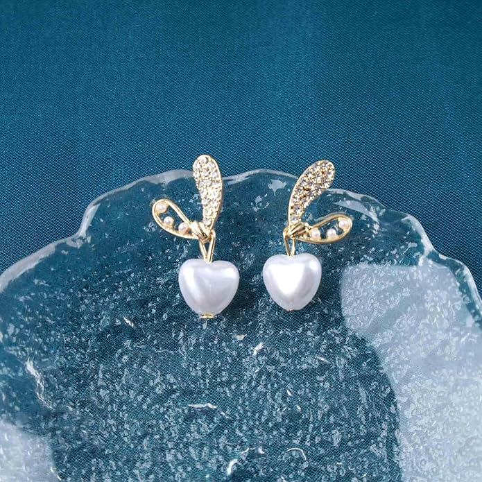 Vintage Pearl Heart Drop Earrings Rhinestone