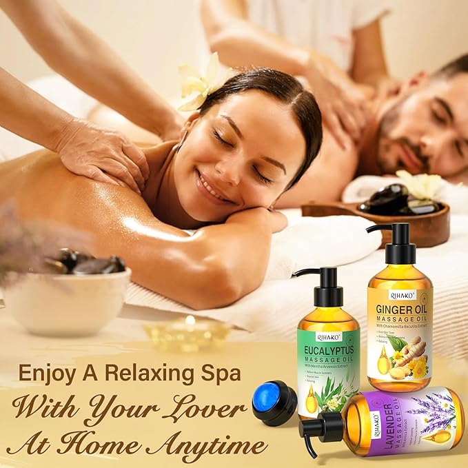 Mother's Day Gifts for Women – 3-Pack Massage Oil for Massage Therapy | Lymphatic Drainage Ginger, Relaxing Lavender, and Sore Muscle Eucalyptus Oils | Date Night & Spa Gift for Him & Her