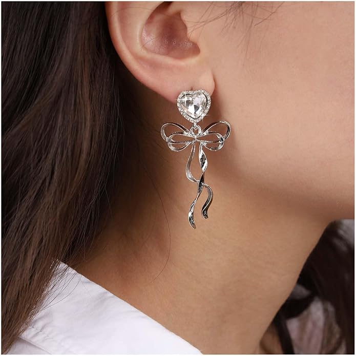 Vintage Crystal Bow Dangle Earrings Rhinestone