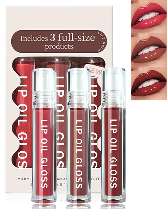 Hydrating Lip Tint Stain-3Pcs Tinted Plumping Lip Glow Oil, Moisturizing Water Lip Stain Makeup, Pigmented Non-Sticky Vegan Lip Gloss, Multi-Use Lip & Cheek Tint, Nude Glossy Finish,Cruelty Free-Set B