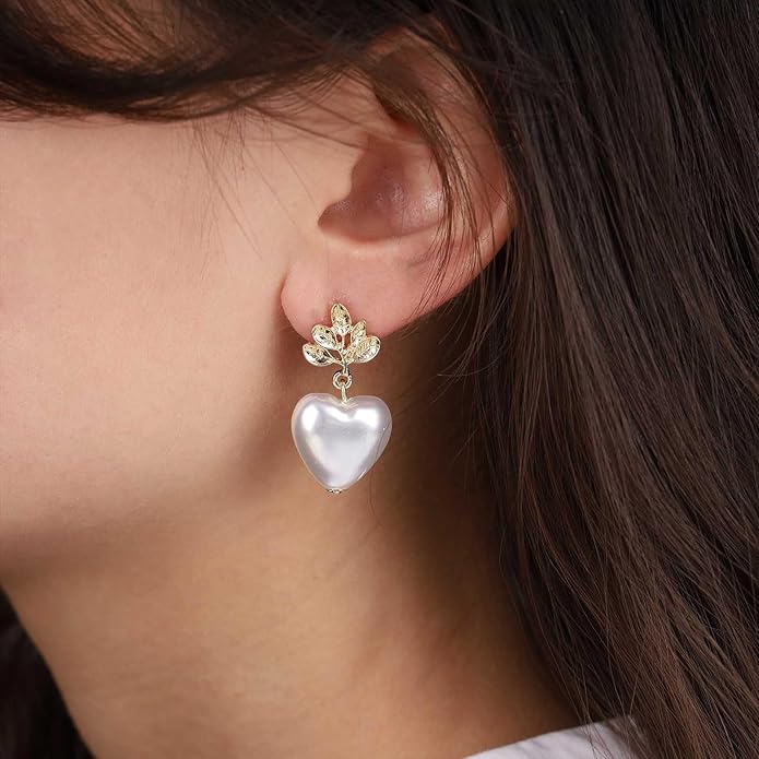Vintage Pearl Heart Dangle Earrings Heart