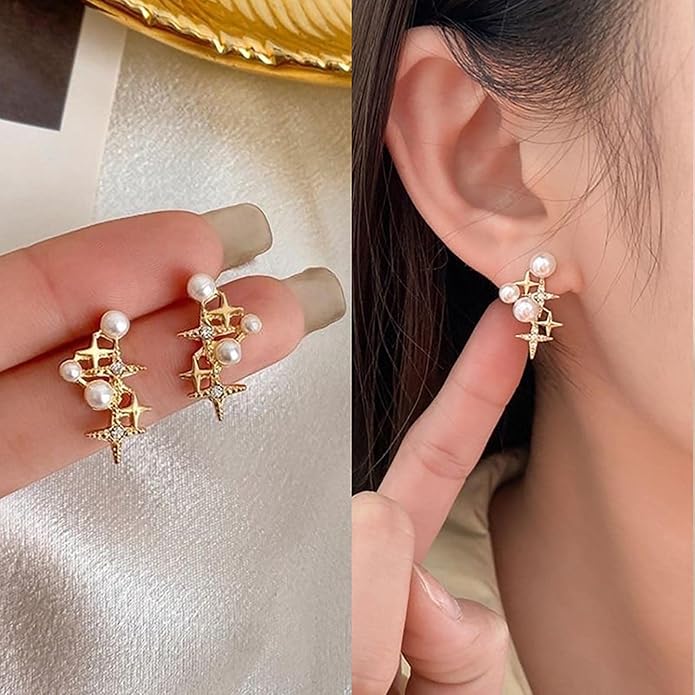 Vintage Pearl Star Earrings Rhinestone Pearl Drop Earrings