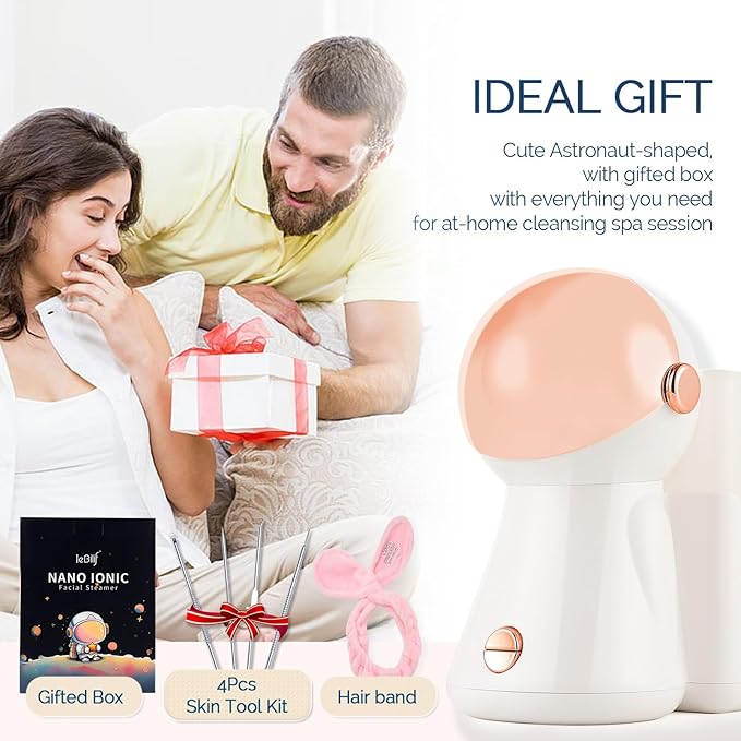 Facial Steamer,with 7 Colors Led Light,Face Steamer for Facial Deep Cleaning,Warm Mist Nano Ionic Steamer for Face Spa Kit,Face Humidifier,Facial Sauna Use at Home, Gift for Women(Rosegold with Light)