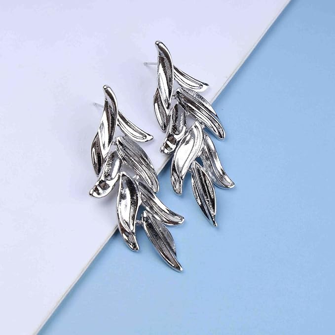 Statement Leaf Dangle Drop Earrings Vintage Silver Leaf