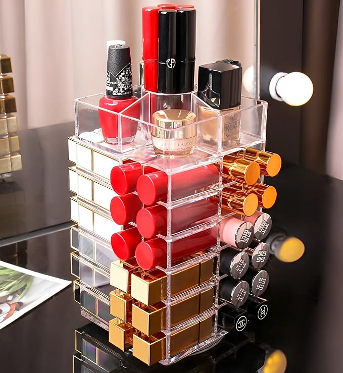 Sooyee Lipstick Organizer,53 Spaces 360 Degree Spinning Lipstick Holder,Acrylic Cosmetic Display Cases for Lipstick, Brushes, Bottles, and more,Clear
