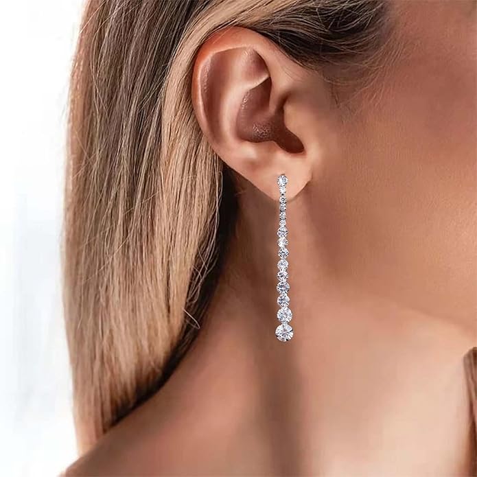 Vintage Rhinestone Chain Drop Earrings Silver Linear Crystal