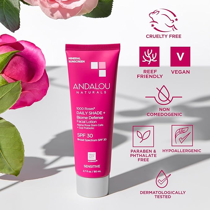 Andalou Naturals Daily Shade Face Sunscreen, 1000 Roses, SPF 30 Mineral Sunscreen with Zinc Oxide, Skin Barrier Defense + Broad Spectrum Protection, Gentle & Soothing, for Sensitive Skin - 2.7 Fl Oz