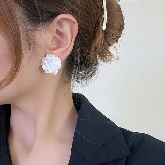 Unique Large White Flower Earrings Studs Vintage Acrylic