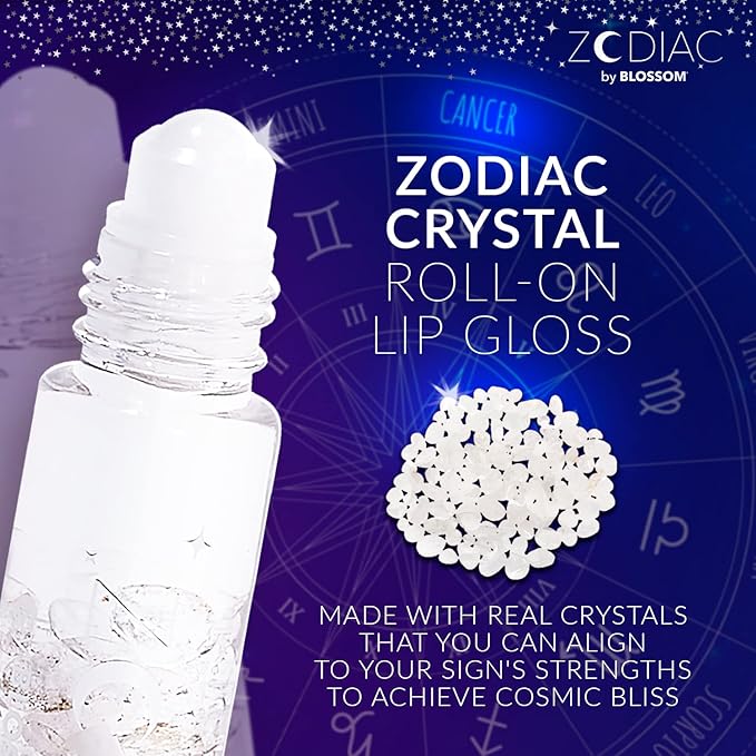 Blossom Zodiac Sign Vanilla Scented Moisturizing Roll-On Lip Gloss with Crystals, Made in USA, 0.20 fl. oz./5.9ml, Cancer