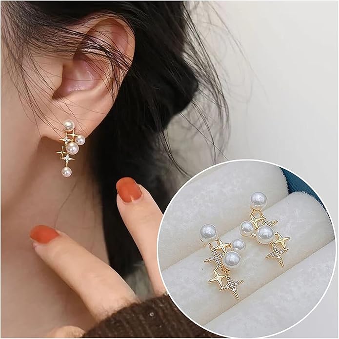 Vintage Pearl Star Earrings Rhinestone Pearl Drop Earrings