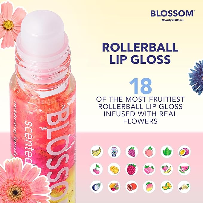 Blossom Scented Roll on Lip Gloss, Infused with Real Flowers, Made in USA, 0.3 fl. oz./9ml, 3 pack Gift Set, Candy Cane, Gingerbread, Sugar Cookie