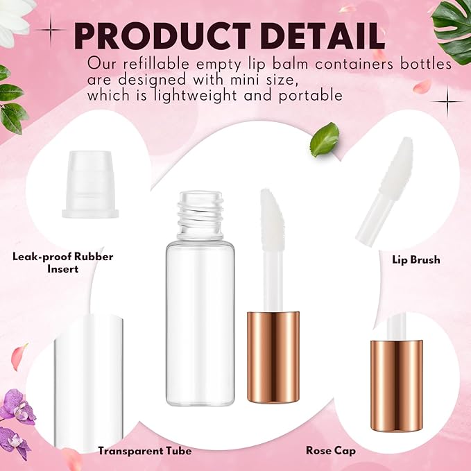 Jinei 150 Pcs Clear Empty Lip Balm Bottles 1.2ml Mini Lip Gloss Tubes, Refillable Lipstick Containers Transparent Plastic Clear Lipstick Tubes for Girl Women DIY Makeup Lip Sample Travel (Rose Gold)